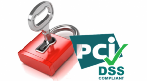 Key inserted into a red lock and PCI DSS logo