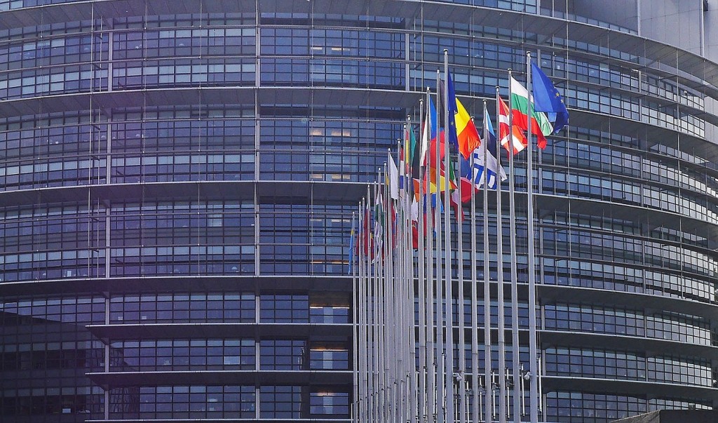 Several flags of different countries in the European Union in front of a blue building